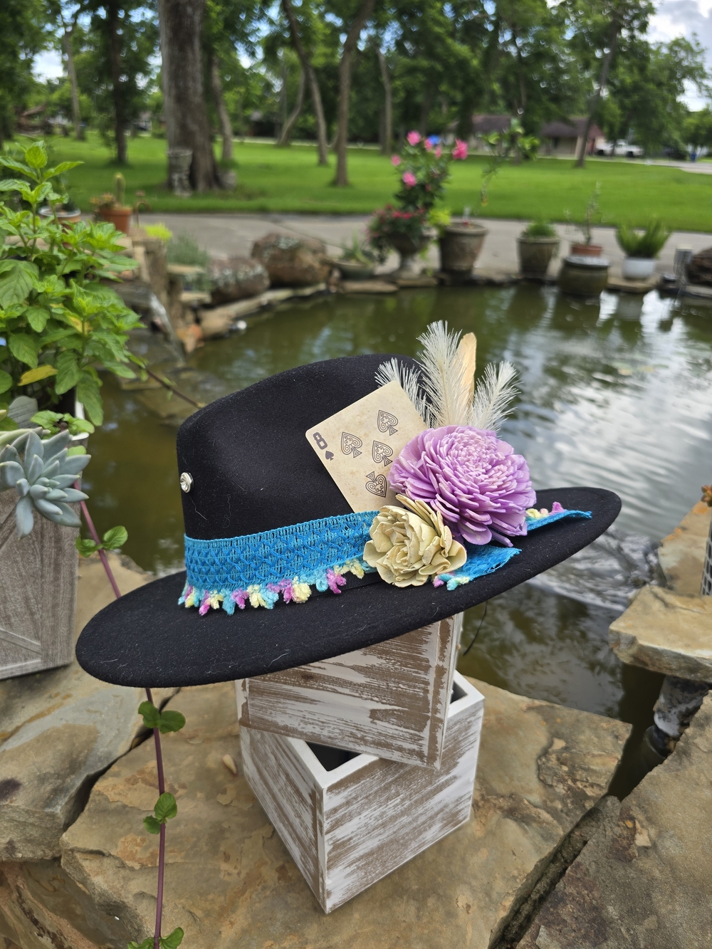 Black Fedora Hat with Turquoise Band and Floral Accents